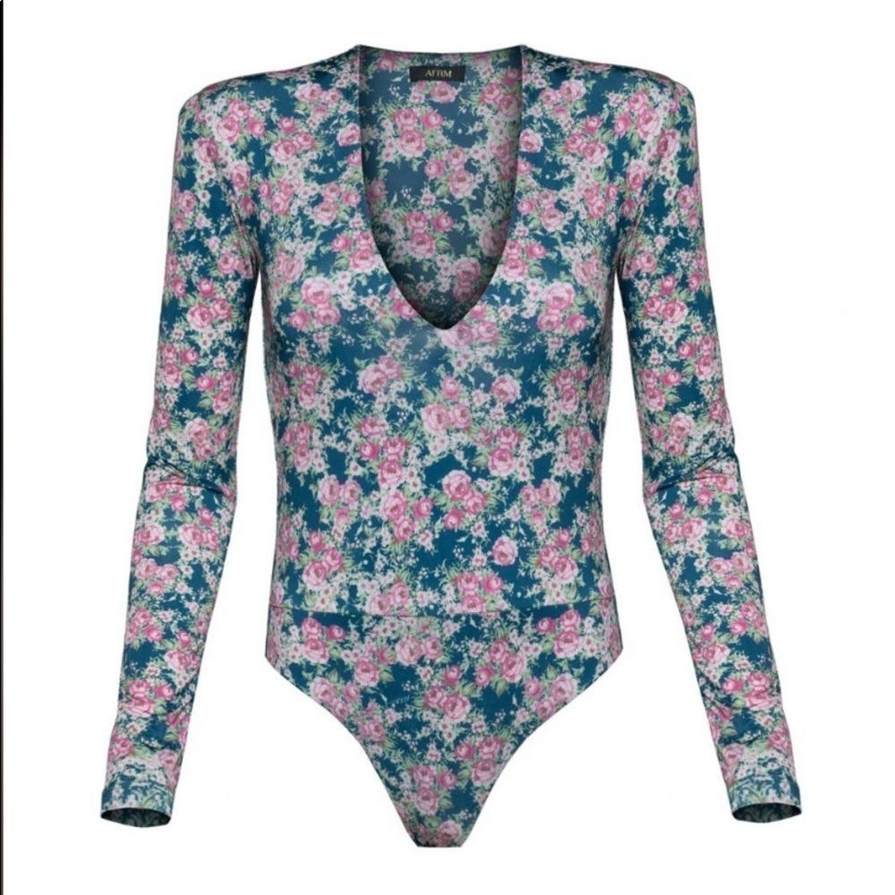 NEW AFRM Sybil Deep V Bodysuit in Blush Bouquet